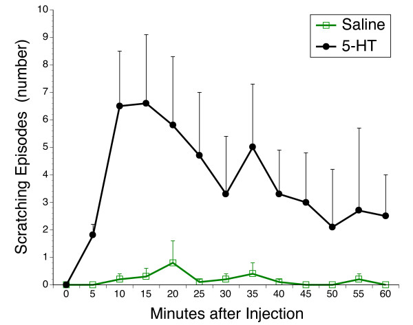 Time course of the scratching response to subcutaneous 5-HT. Number of episodes of scratching in 5-min intervals over a one-hour period after injection of 5HT subcutaneously. (n = 5 per group) Controls got an injection of an identical volume of saline (100 μl).