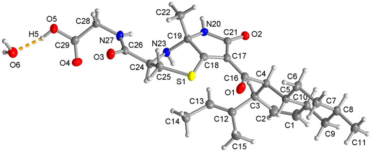 Molecular structure of compound 1 from the single crystal X-ray structure. (50% thermal ellipsoids, H atoms with arbitrary radii. The atom numbering is the same as in Figure 1. Compound 1 crystallizes with a water molecule, shown here with the hydrogen bond from the carboxyl group as a dashed orange line).
