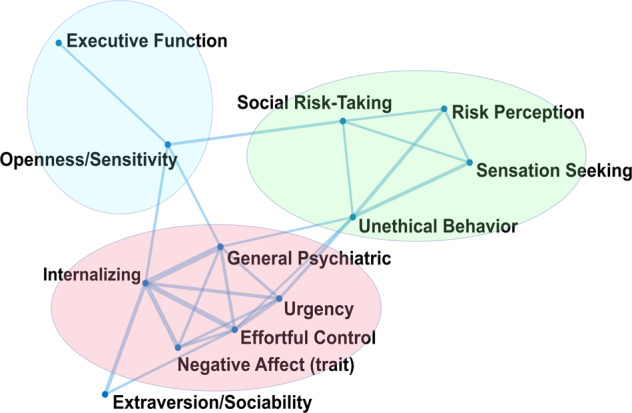 Spring-embedded network of 12 latent factors from EFA.In a spring-embedded network, nodes that are more strongly correlated are plotted closer together in two-dimensional space. Each node represents an EFA factor. Three functional domains emerged across all participants based on the underlying factor correlations: (1) an Approach-Related functional domain (green), (2) an Executive Function functional domain (blue), and (3) a Negative Emotionality functional domain (red).