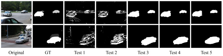 Test 1 represents the usage of only the projection transformation and local background subtraction. Test 2 involves the addition of the motion compensation optimization framework and local background subtraction. Tests 3, 4, and 5 denote the incorporation of local spatial information fusion based on Test 2, employing different interactive graph cut algorithms (GraphCut, OneCut, and GrabCut), respectively.