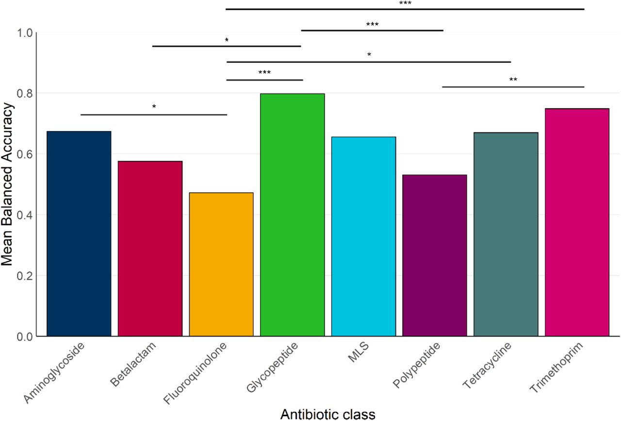 Mean balanced accuracy across all monocultured samples for all prediction strategies, stratified by antibiotic class.Statistical significance was calculated using the Kruskal-Wallis Test and Dunn’s Test. P-values show pairwise differences. *** indicates p<0.0005, ** indicates p<0.005, * indicates p<0.05.