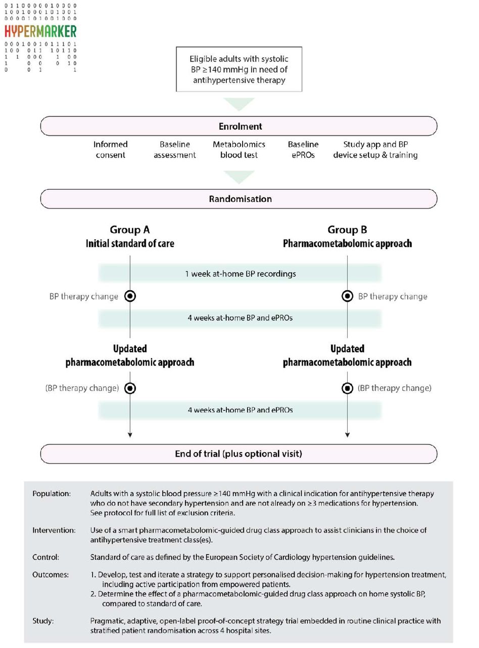 Schematic overview of HYPERMARKER trial design.BP, blood pressure; ePROs, electronic patient-reported outcomes.