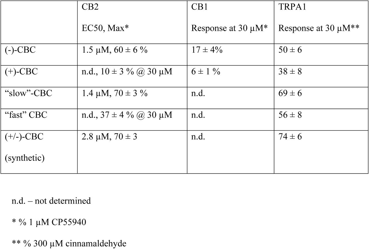 Responses of CBC preparations at human cannabinoid receptors and TRPA1
