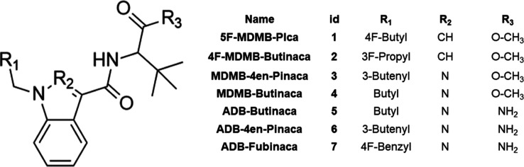 General structural framework of the seven SCs studied in this work, with their particular substituents and functional groups.