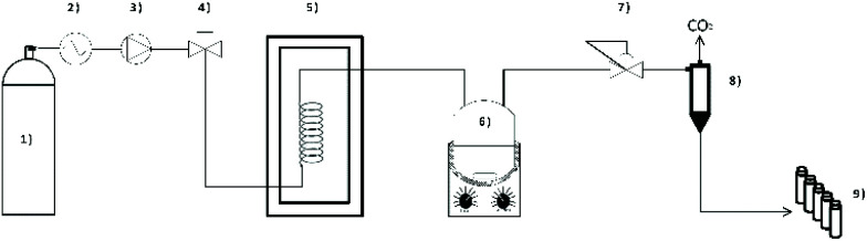 General setup for the dynamic extraction of cannabinoids using IL-SFE. (1) Liquid CO2 supply, (2) chiller/cooling system, (3) CO2 pump, (4) manually operated valve, (5) thermostated oven with preheating coil, (6) high pressure vessel placed on a thermostated stirrer, (7) back pressure regulator (BPR), (8) gas–liquid separator, and (9) fraction collector.