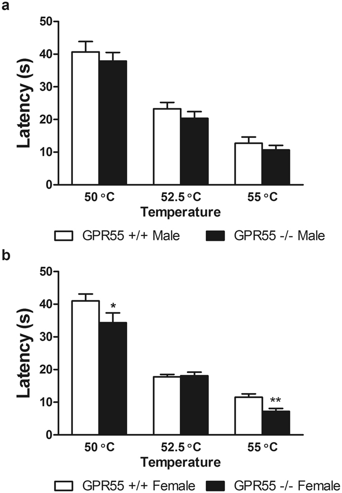 Female, but not male, GPR55 KO mice display decreased thermal paw withdrawal latencies to hot plate stimulation. Female GPR55 KO mice displayed decreased withdrawal latencies to the onset of nociceptive behavior in the hot plate assay at 50 °C and 55 °C relative to female WT mice. Data are expressed as mean ± SEM (n = 9–15 per group). Two-way ANOVA, one-tailed t-test. **p < 0.01, *p < 0.05 vs. female WT.