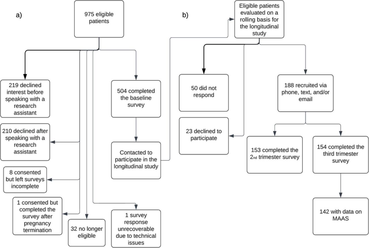 Numbers of individuals at each stage of studya) Baseline survey recruitment. 975 potentially eligible patients from target prenatal clinics were all English-speaking pregnant patients younger than 22 years old, not in treatment for opioid use disorder, and had a viable pregnancy. Patients were examined for eligibility, confirmed eligible, and included in the study, with reasons for non-participation at each stage. b) Longitudinal survey recruitment. Outreach was conducted virtually during the COVID-19 pandemic. 142 patients with non-missing MAAS scores during follow-up surveys were analyzed.