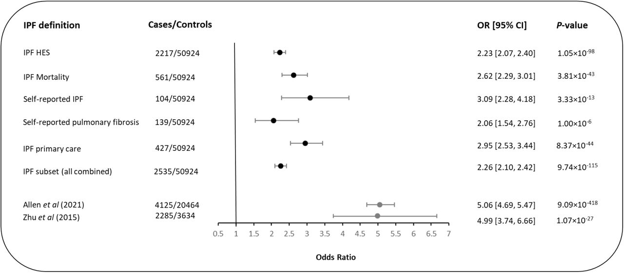 Effect size estimates of rs35705950 T allele association with IPF risk using different IPF case definitionsEach line shows the effect size estimate and confidence interval for the association between rs35705950 and IPF risk using the different methods for defining IPF in UK Biobank. Estimates in grey are the reference effect size estimates taken from Allen et al (2021) and Zhu et al (2015).