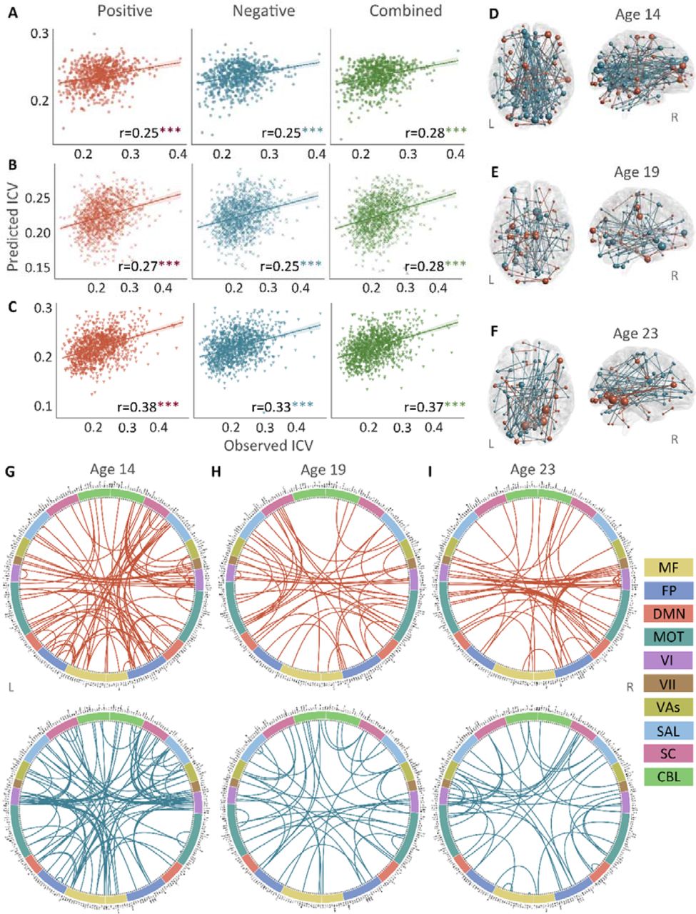 The predictive performances and networks of intra-individual coefficient of variation (ICV) per timepoint derived from Go trials. Correlation between observed and predicted ICV in positive, negative, and combined networks at (Panel A) age 14, (Panel B) age 19, and (Panel C) age 23. Predictive networks for ICV are at (Panel D) age 14, (Panel E) age 19, and (Panel F) age 23. Connectome of positive and negative networks of ICV at (Panel G) age 14, (Panel H) age 19, and (Panel I) age 23. The edges depicted above are those selected in at least 95% of cross-validation folds. Red, blue, and green spheres/lines/scatters represent positive, negative, and combined networks separately. MF, Medial frontal; FP, Frontoparietal; DMN, Default mode; MOT, Motor; VI, Visual I; VII, Visual II; VAs, Visual association; SAL, Salience; SC, Subcortical; CBL, Cerebellar. R/L, right/left hemisphere. ***, P < 0.001.