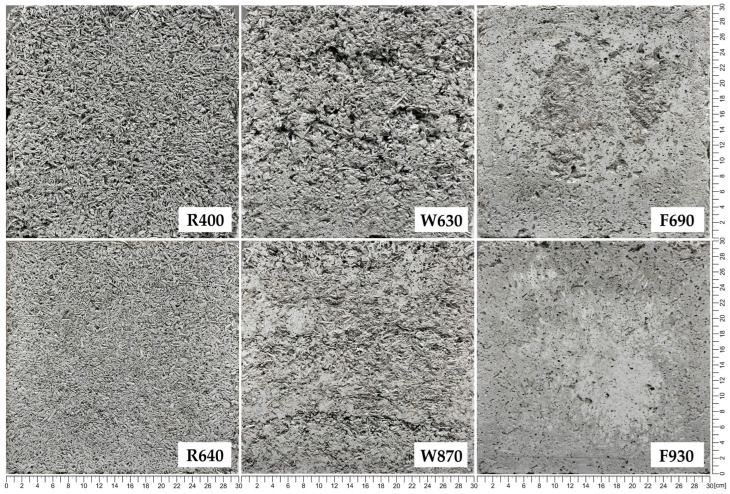Surface photos of the lowest and highest density samples for all series, showing differences in their composite structures.