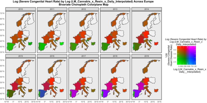 Bivariate colorplane sequential map-graphs of log (rates of severe CHD) by last month cannabis use: cannabis resin THC concentration: daily cannabis use interpolated across selected European countries over time, 2010–2019