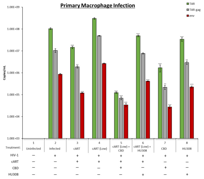 Levels of viral RNA were assessed from HIV-1-infected primary macrophages. Primary PBMCs were purchased (Precision For Medicine, Frederick, MD, USA) and cultured in vitro with PMA/PHA every other day for 10 days. The adherent macrophages were grown for 8 more days with fresh media and PMA treatment given every other day. On day 8, the cells were infected with HIV-1 89.6 strain (MOI:10), and the following day, treatment with cART (Lamivudine, Tenofovir, Emtricitabine, Indinavir; 10 µM, or low concentration of 1 µM each), CBD (5 µM), HU308 (5 µM), or combination was utilized every 3rd day for a total of 3 treatments. On the 2nd treatment, fresh media was added. On day 10, cell pellets were collected, and RNA was isolated and assessed for TAR, TAR-gag, and env. Student’s t-test compared treated subpopulations to untreated. *, p < 0.05; **, p < 0.01; ***, p < 0.001. Error bars, S.D.
