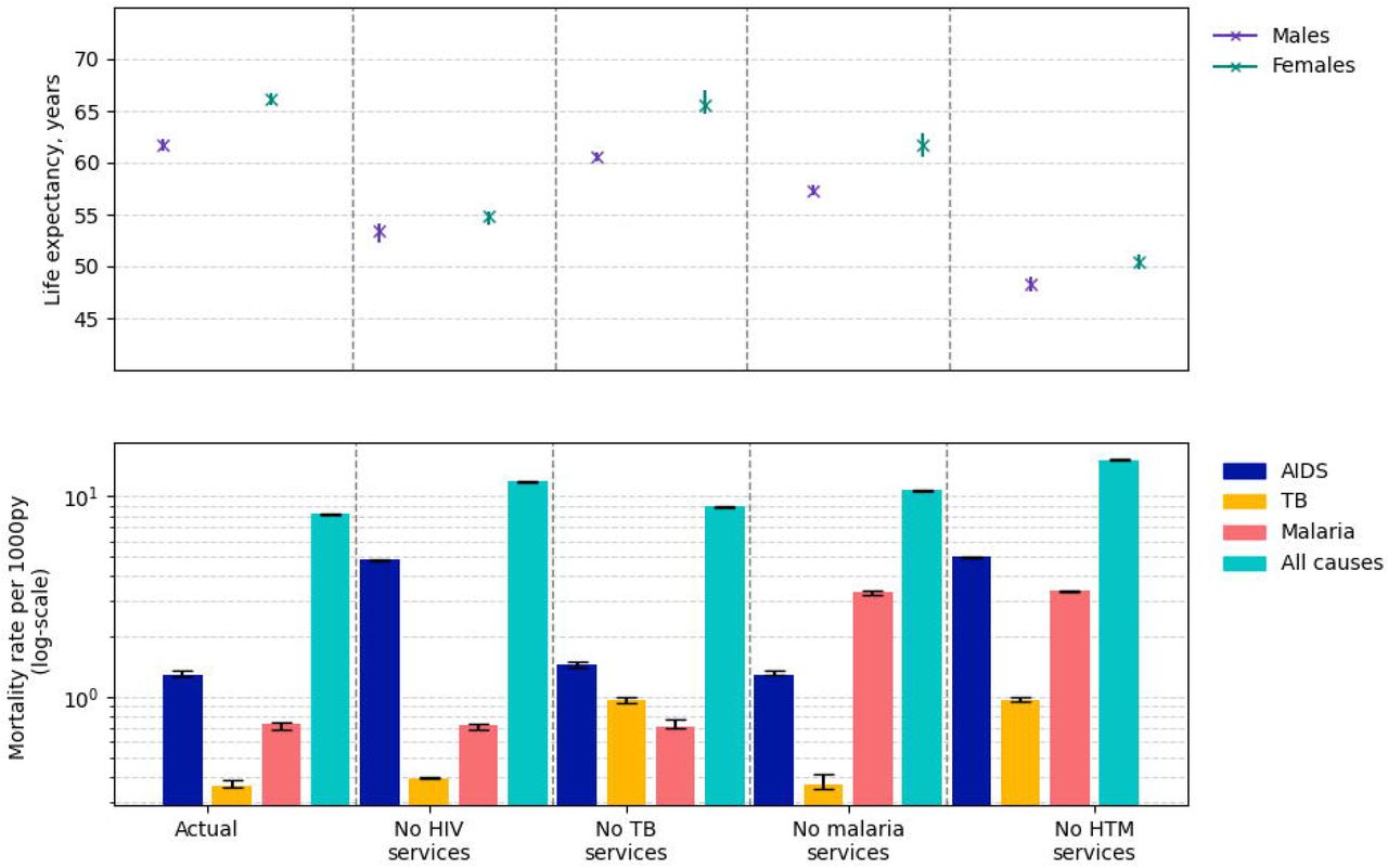 The estimated life expectancy in years from birth in 2019 for males and females by scenario (top figure) and the mortality rates per 1000 person-years due to HIV/AIDS, TB, malaria and all causes by scenario (lower figure). The error bars show the 95% uncertainty intervals across the 5 runs of each draw.