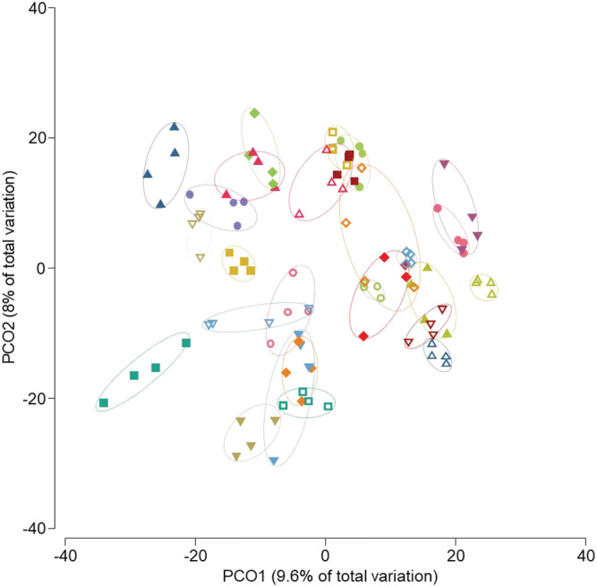 Principal coordinate analysis of Bray–Curtis similarity of bacterial communities showing that microbiota strongly cluster by subject. The analysis was based on the square‐root‐transformed relative abundance of zero‐radius operational taxonomic units. Four faecal samples were collected for each patient, at Months 0 and 4 of the glycine supplementation and Months 0 and 4 of the branched‐chain amino acid (BCAA) supplementation. As the overall microbiota similarity did not differ significantly between time points and supplementation, we omitted this legend on the figure for more clarity. The open symbols correspond to the samples of patients in the glycine–BCAA group and the filled symbols to the samples of patients in the BCAA–glycine group.