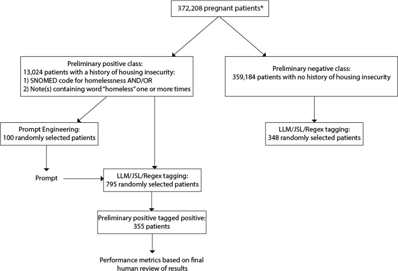 Cohort selection and experimental design. *Pregnant patients were selected as previously described32. Patients used for prompt engineering (100) and patients used for tagging (795) did not overlap.