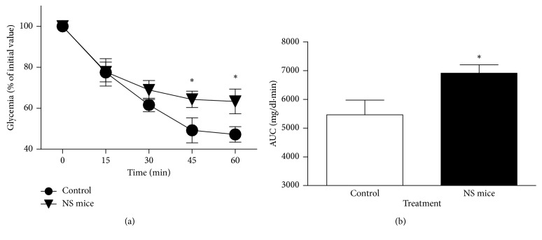 (a) Insulin tolerance test (ITT) in adult, 145-day-old control and NS mice. (b) Area under the curve of ITT obtained from both animal groups. Results are expressed as mean ± SEM (n=6 mice/group; ∗P < 0.05; Mann–Whitney U test).