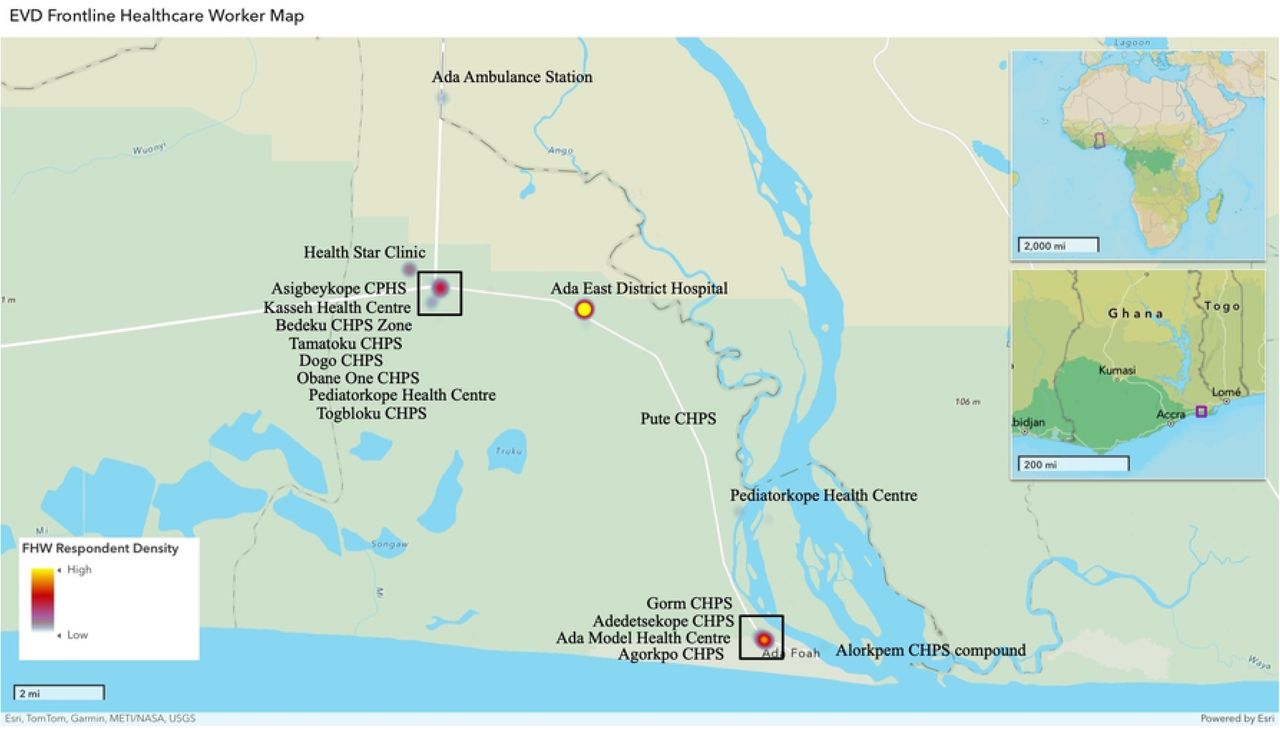 Geographic Distribution of Surveyed Health Facilities and Frontline Healthcare Worker Respondents in Ada East District, GhanaThis map displays the 18 health facilities included in the study —comprising district hospitals, local health centers, and CHPS compounds— across the Ada East district. Facilities were purposively sampled to reflect the range of care settings in the district. Locations were geocoded and mapped using ArcGIS Online v3.2. Color gradients indicate the density of participating frontline healthcare workers (FHWs), with yellow representing high respondent density, red medium, and blue low. Facility names are labeled to illustrate spatial coverage.