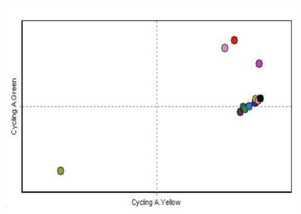 Scatter Analysis Report of Schizophrenia Group Scatter Graph for Cycling A.Green (Y-axis) Cycling A, Yellow (X-axis).