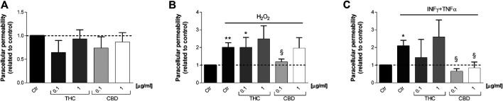 Effects of THC and CBD (0.1–1 μg/mL) on Caco-2 cell monolayers paracellular permeability in basal condition (A), oxidative stress induced by H2O2 (B) and inflammatory conditions induced by INFγ-TNFα treatment (C). Data are shown as mean ± SEM percentage of basal fluorescent intensity (n = 3). *p < 0.05; **p < 0.01 treatment vs. control; §p < 0.05 treatment vs. stressor stimulus, unpaired Student’s t-test.
