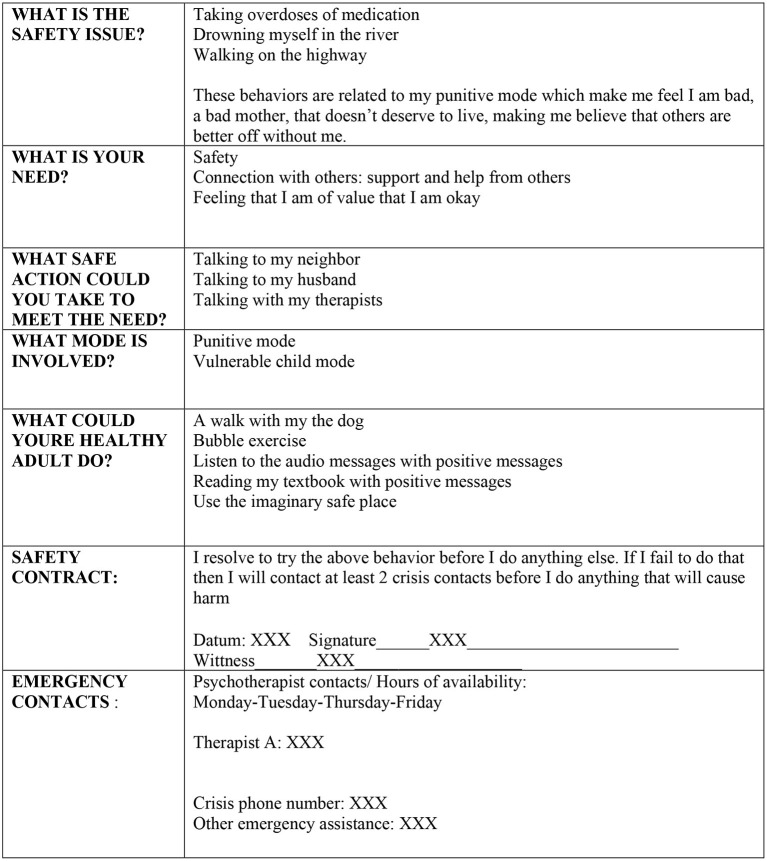 Safety plan of the patient.