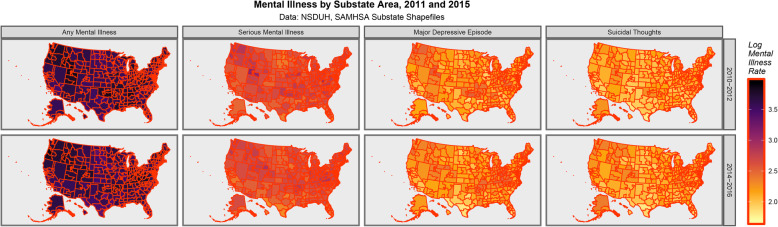 Mental Illness across USA by substate area. Data from NSDUH Shapefiles