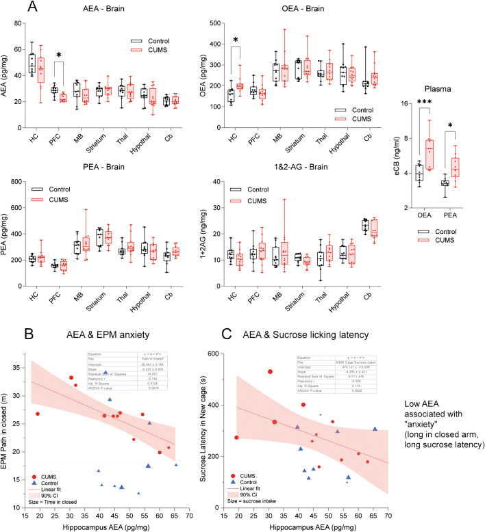 Endocannabinoids at different brain sites and association of AEA with behavior of anxiety. A Box/scatter plots show endocannabinoid concentrations in different brain regions and OEA and PEA in plasma. The boxes show the interquartile range; the line is the median; whiskers show minimum to maximum; scatters represent mice. Data were submitted to 2-way ANOVA (group X site) and subsequent post hoc t-tests comparing CUMS versus control. The asterisks show significant differences between CUMS and control (*P < 0.05). B, C Linear regression analysis of AEA concentrations in the hippocampus (HC) with behavioral readouts of anxiety in the EPM (path in the closed arm) and in the sucrose latency test in an unfamiliar cage. Table inserts show the regression parameters and P-values. The bubble size represents the time in closed arms (EPM, B) or the sucrose-water consumption (drinking volumes) in C. The line shows the linear fit; the bands show the 90% confidence intervals. Abbreviations: AEA, anandamide; OEA, oleoylethanolamide; PEA, palmitoylethanolamide; AG, arachidonoylglycerol; Cb, cerebellum; HC, hippocampus; MB, midbrain; PFC, prefrontal cortex; Th, thalamus; STR, striatum