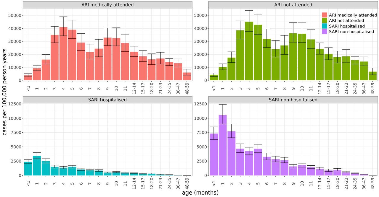 RSV-associated ARI and SARI rates per 100,000 person-years in Kenya by age group and medical status.