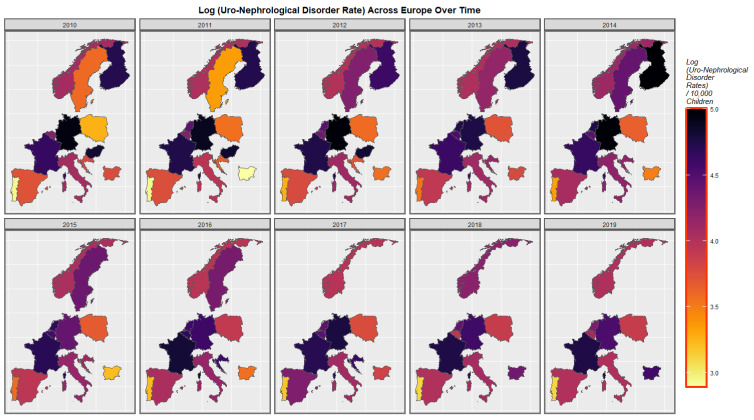 Time sequential map-graph of log (uronephrological anomaly rate) across surveyed European nations over time.