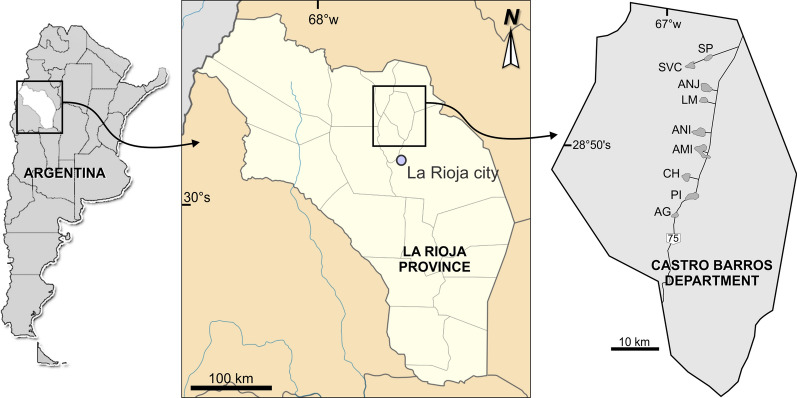 Geographical localization of Castro Barros Department and localities evaluated with community participation in December 2017. SP San Pedro, SVC Santa Vera Cruz, ANJ Anjullón, LM Los Molinos, ANI Anillaco, AMI Aminga, CH Chuquis, PI Pinchas, AG Agua Blanca