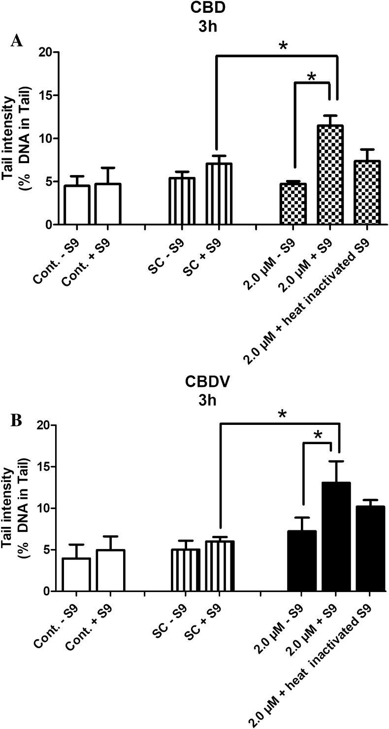 a, b Impact of liver enzyme homogenate on the DNA-damaging activity of CBD and CBDV in TR146 cells. The cells were treated with 2.0 µM of the cannabinoids and in parallel with liver enzyme homogenate (for details see “Materials and methods”). Bars indicate means ± SD of results obtained with two parallel cultures per experiment (from each culture two slides were made and 50 cells were evaluated per slide). Stars indicate statistical significance (p ≤ 0.05, Two-tailed paired t test). All statistical calculations are based on comparisons between results which were obtained with cells which had been treated with the test compounds and results which were obtained with corresponding solvent controls