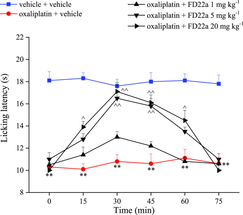 Effect of FD-22a on oxaliplatin induced neuropathic pain in mice. The response to a thermal stimulus was evaluated by the cold plate test measuring the latency (s) to pain related behaviors (lifting or licking of the paw). Mice were daily treated i.p. with oxp 2.4 mg kg–1. Tests were performed on day 15. FD-22a (1, 5, 20 mg kg–1) was p.o., and measurements were performed 15, 30, 45, 60, and 75 min after injection. Control mice were treated with vehicle. Each value represents the mean of 16 mice per group performed in 2 different experimental sets. **p < 0.01 vs vehicle + vehicle treated mice.^p < 0.05 and ^^p < 0.01 vs oxaliplatin + vehicle treated mice.