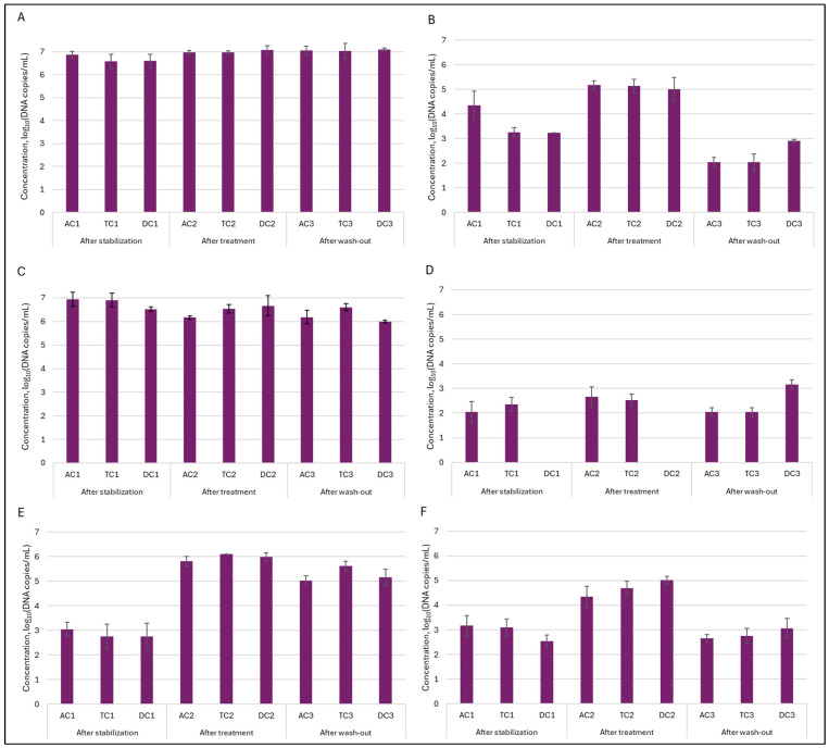 Variation in absolute levels (log10DNA copies/mL) of six different taxonomic groups in the lumen during SHIME® run: (A)—Enterobacteriaceae; (B)—Clostridium; (C)—Bacteroides; (D)—Prevotella; (E)—Lactobacillus; and (F)—Lactiplantibacillus plantarum. AC—ascending colon, TC—transverse colon, and DC—descending colon; the numerical values correspond to experimental time points as follows: 1—after stabilization, 2—after treatment, and 3—after the wash-out phase.