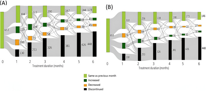 Flow diagrams labeled A and B show treatment duration over 6 months. Colors indicate status: light green for no change, dark green for increased, orange for decreased, and black for discontinued. Numbers represent patient counts.