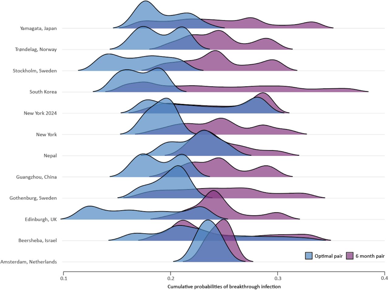 Distributions of cumulative probabilities of breakthrough infection over one year for optimal biannual booster date pairs (blue) compared to six-month booster pairs (purple) for twelve Northern Hemispheric locations. Given a first booster date, a second booster date always performs as well or better if determined by an optimal delay than by a six-month delay.ALT TEXT: Ridgeline plot illustrating that cumulative probabilities of breakthrough infection are substantially lower when boosters are administered at optimal biannual booster dates than when administered at fixed six-month intervals.