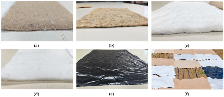 Nonwoven mulches made of (a) jute, (b) hemp, (c) viscose, (d) polylactide (PLA) fibers, (e) traditional agro foil, and (f) control field.