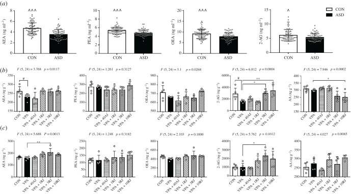 The levels of endogenous cannabinoids. (a) The plasma levels of AEA, PEA, OEA and 2-AG in the participants (n = 70 children per group). Effects of JZL184 treatment on the levels of AEA, PEA, OEA, 2-AG and AA in hippocampus (b) and in the PFC (c) in VPA-exposed offspring (n = 5 pups per group). The error bars represent s.d. (a) Results were analysed by paired Student's t-test (^p < 0.05, ^^^p < 0.001). (b,c) Results were analysed by one-way analysis of variance with Dunnett's post hoc test (#p < 0.05, versus CON group; *p < 0.05, **p < 0.01, versus VPA group). AJ, acute JZL184 treatment; RJ, repeated JZL184 treatment.