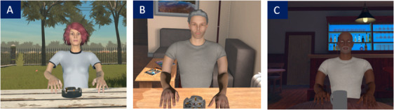Example of avatars in VR environment. (A) Park, (B) apartment, and (C) bar. VR: virtual reality