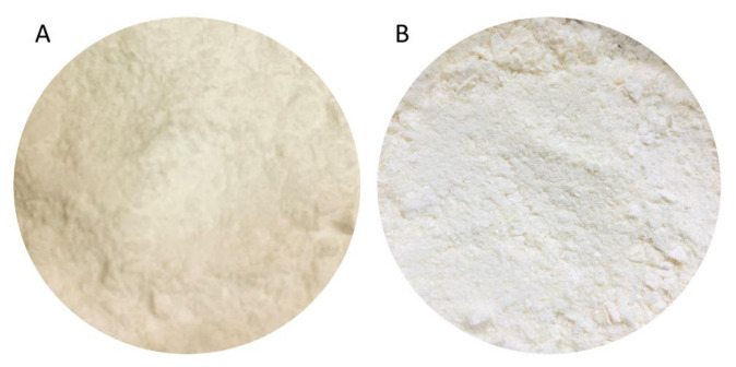 Images of the physical appearance of the transfersomes at (A): day 0 and (B): 6 months stored at room temperature (25 °C and at ambient humidity).
