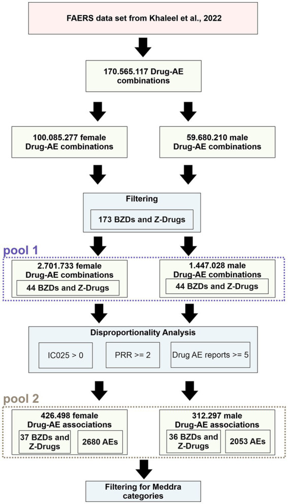 Pipeline that was performed on the FAERS dataset. Green boxes display the results obtained after the filtering steps, which are represented by blue boxes. Data that was used for analysis according to MedDRA categories is identified as “pool 1” and “pool 2” respectively.
