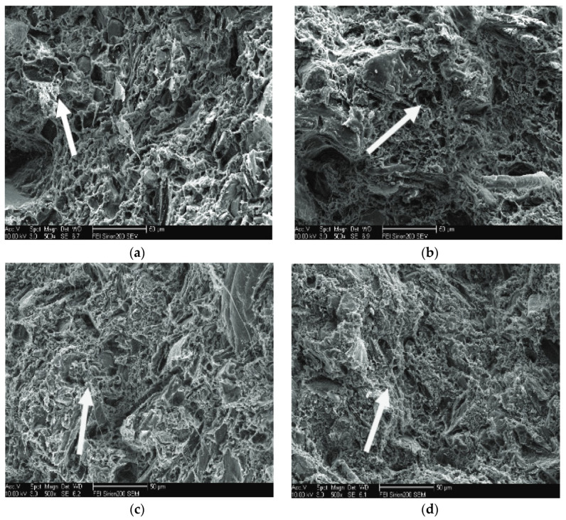 SEM micrographs of WPC fracture surfaces under different calcium carbonate contents [133]: (a) Without calcium carbonate (×500); (b) Added 5% calcium carbonate (×500); (c) Added 10% calcium carbonate (×500); (d) Added 30% calcium carbonate (×500).
