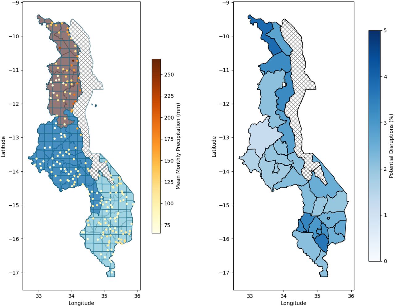 A. Mean monthly cumulative rainfall (mm) per month for 2011 to 2024. Each dot represents a facility, whilst its colour indicates the mean monthly precipitation for its grid square between 2011 and 2024. Each colour block represents a region (Northern, Central, and Southern Malawi). B. Percent of ANC visits disrupted by precipitation by district between 2011-2024.
