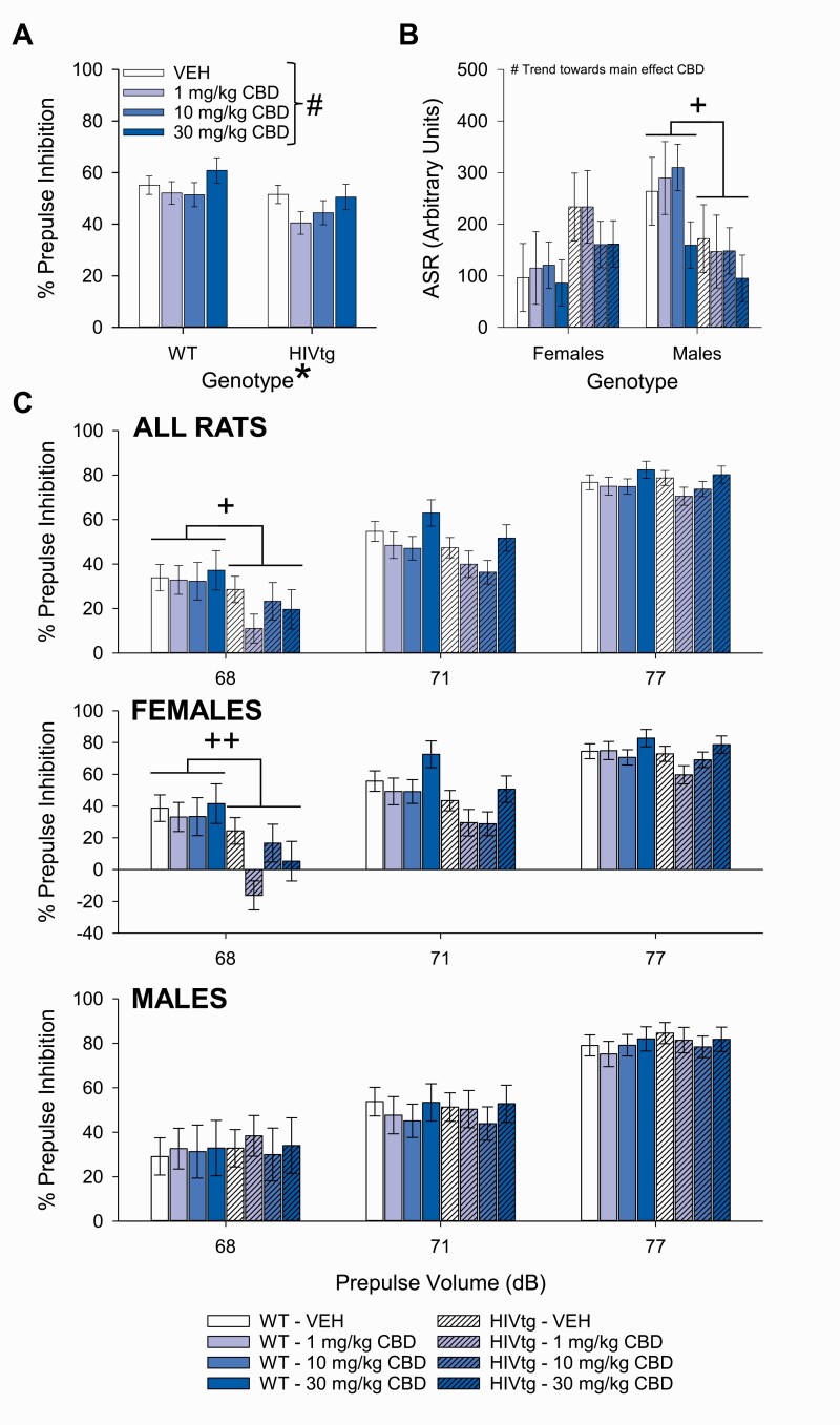 The effects of cannabidiol (CBD) on prepulse inhibition (PPI) of the acoustic startle response (ASR) in male and female HIV transgenic (HIVtg) and wild-type (WT) rats. A main effect of genotype was observed on PPI (averaged across prepulse intensities), whereby HIVtg rats demonstrated lower levels of sensorimotor gating than WT rats regardless of sex or CBD treatment. A non-significant trend of CBD was also observed on PPI regardless of genotype or sex (A). No main effects of genotype or sex were observed on ASR, although a sex × genotype interaction indicated an HIV-transgene-mediated reduction in males only. A non-significant trend of CBD was also observed regardless of any other variable (B). Post hoc analysis of a near-significant trend toward prepulse × genotype interaction revealed that HIVtg rats demonstrated reduced PPI relative to WT rats following prepulses of 68 dB only (C) (top); further analysis revealed that this reduction was driven by females (middle). +P<.05; ++P<.01; *significant main effect; #non-significant trend toward main effect (P<.10). Data presented as mean ± SEM.