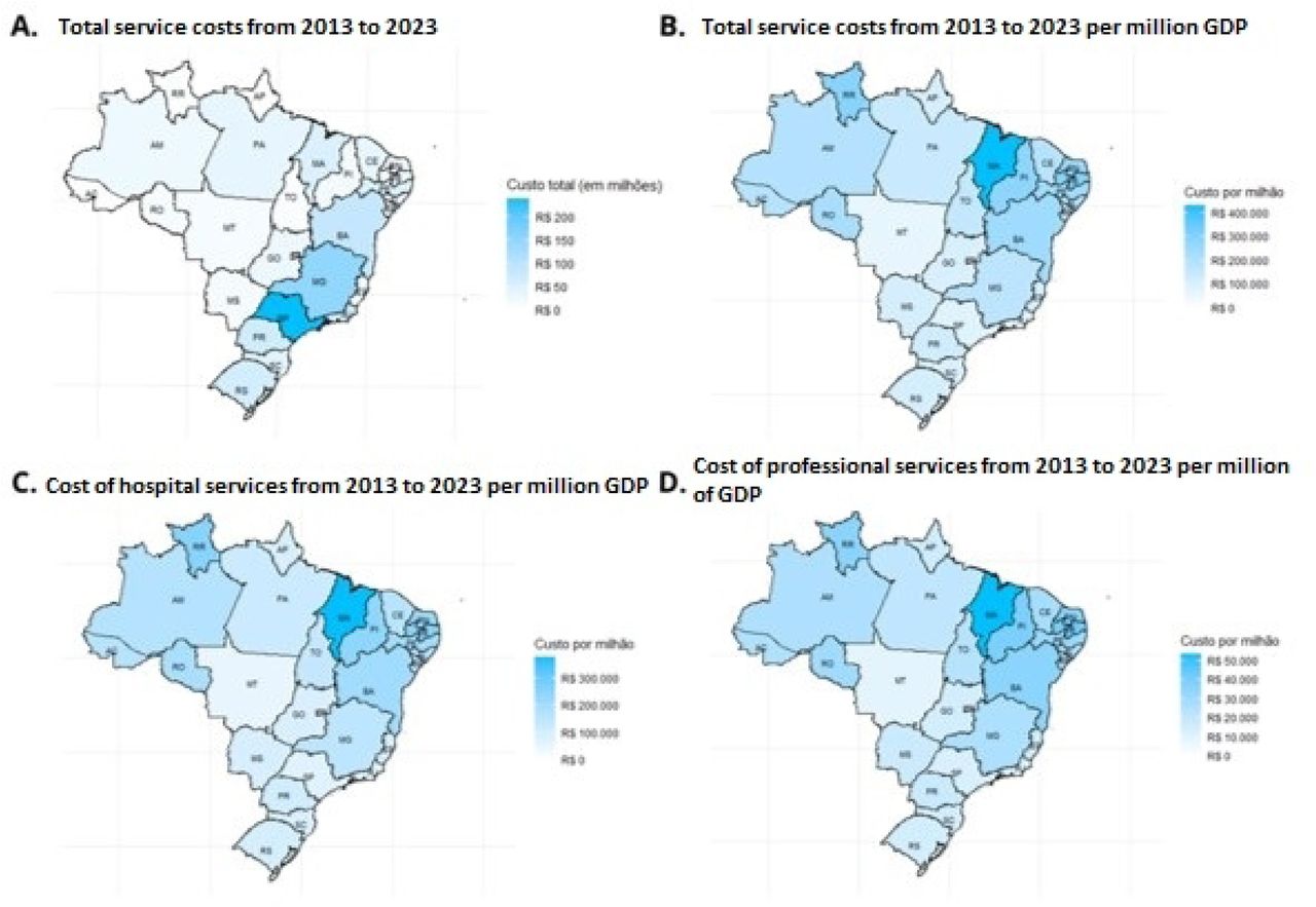 Spatial analysis of hospitalization costs for patients with Diabetes Mellitus by state in Brazil, 2013–2023. Brazil, 2024.