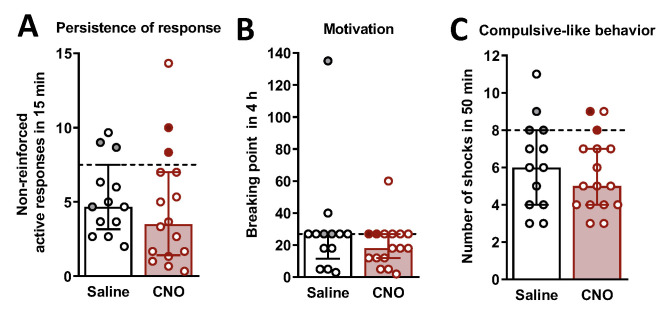 Behavioral tests of the three addiction-like criteria.(A) Persistence of response, (B) motivation, and (C) compulsivity in clozapine-N-oxide (CNO)-treated mice with an inhibition of the prelimbic to nucleus accumbens (PL-NAc) core pathway (individual values with the median and the interquartile range, U Mann–Whitney, **P < 0.01). The dashed horizontal line indicates the 75th percentile of the distribution of mice treated with saline. Addicted mice in gray-filled circles for saline-treated mice (n = 13) and red for CNO-treated mice (n = 16). Data derived from Cajiao et al., 2023 [7].