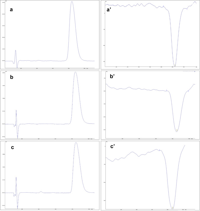 Representative HPLC-UV/Vis (on the right) and HPLC-CD (on the left) chromatograms of samples Nat12 (a, a′), Syn6 (b, b′), and Syn7 (c, c′)