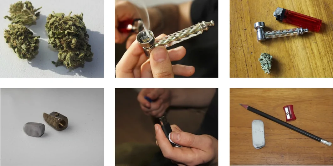 Examples of image types: cannabis product (left), action (middle) and paraphernalia (right).