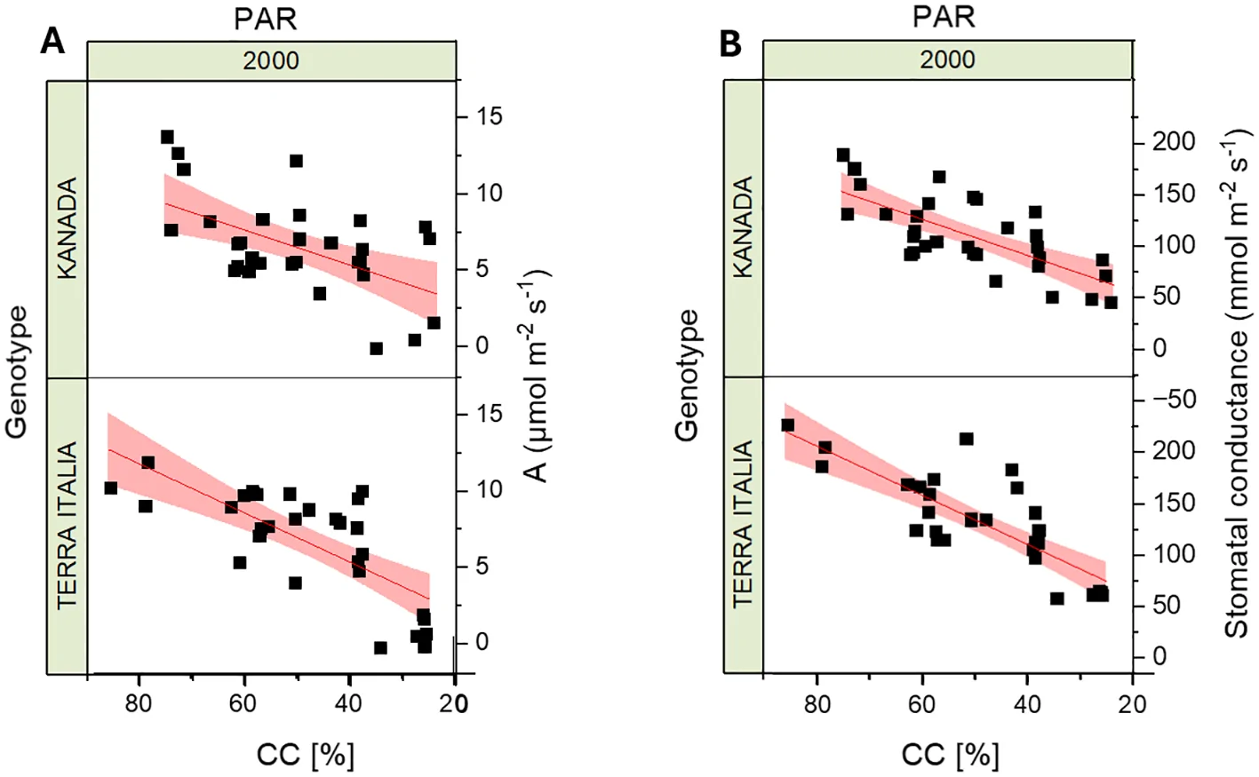 Two-panel scientific figure displaying scatter plots with regression lines and shaded confidence intervals for two genotypes, KANADA and TERRA ITALIA, under PAR of two thousand. Panel A shows photosynthetic rate (A, in micromoles per square meter per second) versus container capacity (CC percent), while panel B shows stomatal conductance (millimoles per square meter per second) versus CC percent. Both traits decrease as CC percent decreases for both genotypes.