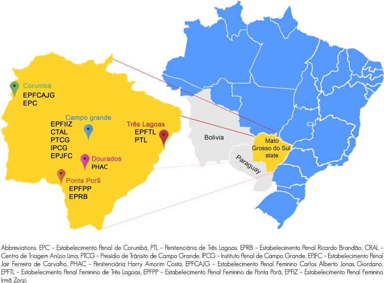 Geographical location of study prisons, Mato Grosso do Sul, Brazil (Adapted from reference 10).