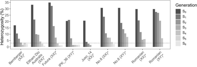 Summary of heterozygosity in each generation of IBLs with three or more generations, leaf samples were taken the day plants were introduced to flowering photoperiod, heterozygosity was estimated using a 1500 SNP panel and functionally homozygous was considered reached in individuals with <3% heterozygosity, chromosomal makeup of each IBL in brackets, * indicates monoecious flowering, and + indicates dioecious.