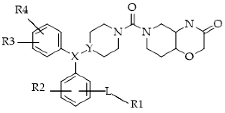 General design of fluorescent probe for MAGL. L is a linker; R1 is a fluorescent label; R2, R3, and R4 are each independently selected from hydrogen, halogen, C1-C6-alkyl, halo-C1-C6-alkyl, C1-C6-alkoxy, and halo-C1-C6-alkoxy; and X and Y are both CH; X and Y taken together form a double bond (C=C).